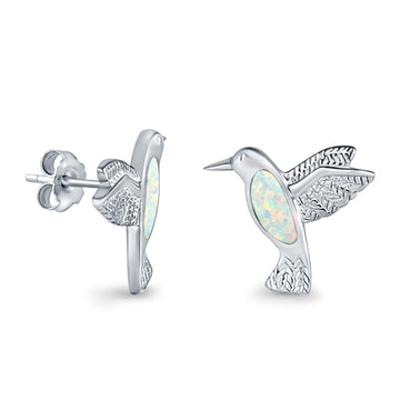 Hummingbird Stud Earrings Lab Created White Opal 925 Sterling Silver (15mm)